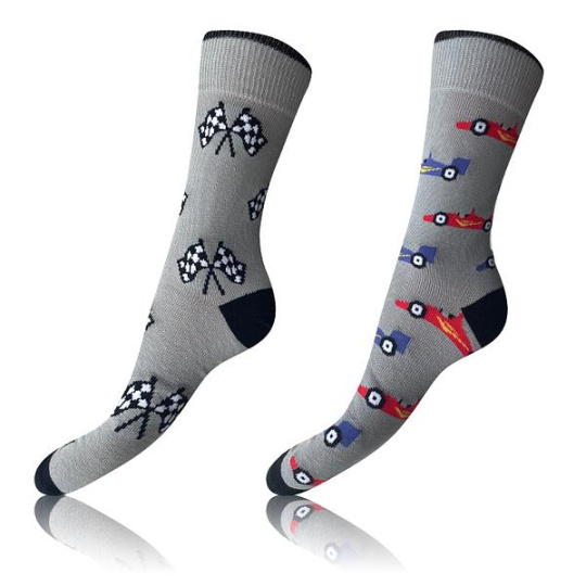 CRAZY SOCKS 2x - Veselé ponožky 2 páry - šedá - červená - tmavě modrá