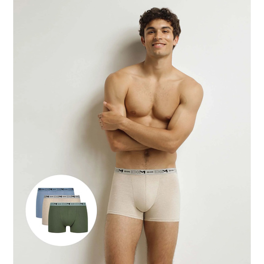 DIM COTTON STRETCH BIO BOXER 3x - Pánské boxerky z bio bavlny 3ks - zelená - světle hnědá - světle modrá