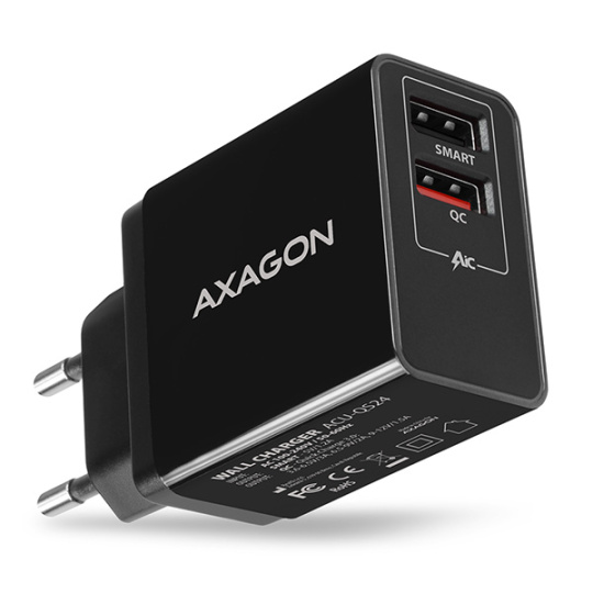 AXAGON ACU-QS24, QC & SMART nabíječka do sítě 24W, 2x USB-A port, QC3.0/AFC/FCP + 5V/1.2A