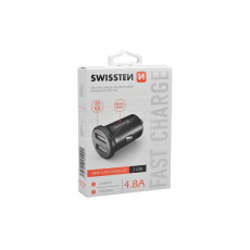 Mini nabíječka mobilů do auta v kovovém provedení SWISSTEN 4.8A - Černá