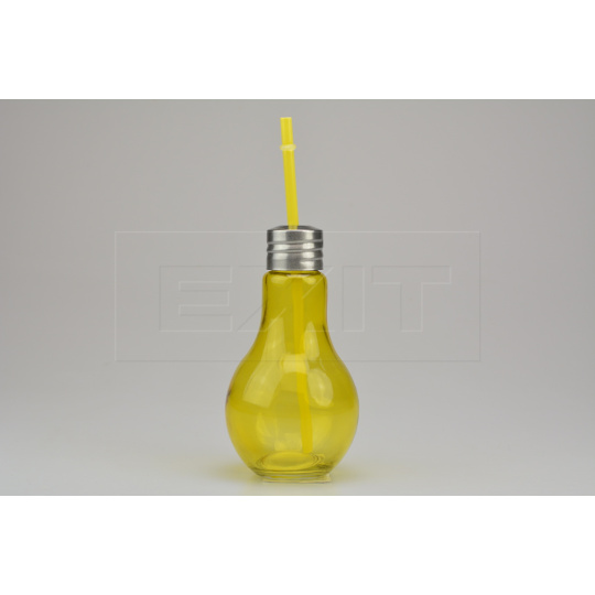 Sklenička na drink s plechovým víčkem a brčkem - Žlutá žárovka