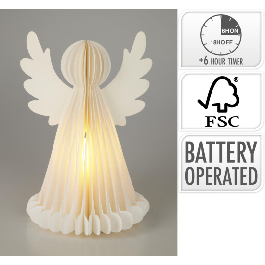 dekorace ANDĚL 28cm 6LED papír BÍ, s časovačem