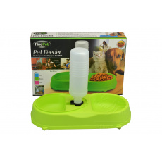 Dvojitá plastová miska na krmivo s dávkovačem vody FINE PET - Zelená (34x18x6cm)
