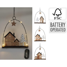 dekorace závěsná DOMEČEK 6LED, 20,5cm kov/dřevo mix dekorace závěsná DOMEČEK 6LED, 20,5cm kov/dřevo mix