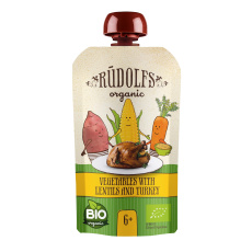 Rudolfs BIO kapsička Zelenina, čočka, krůtí maso 110 g Rudolfs BIO kapsička Zelenina, čočka, krůtí maso 110 g