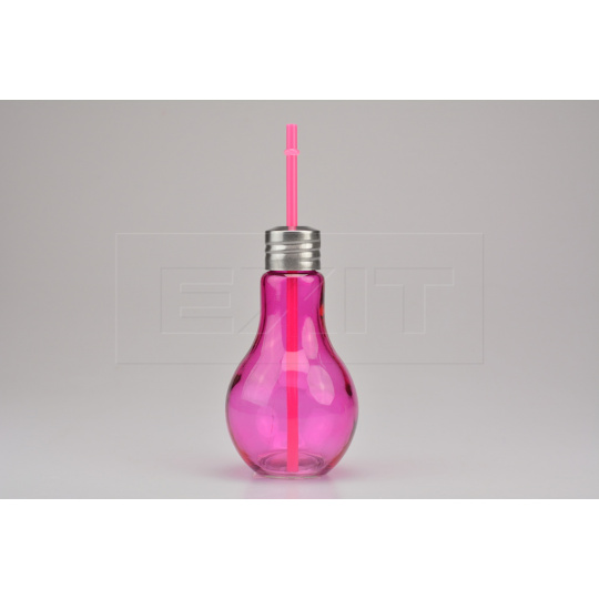 Sklenička na drink s plechovým víčkem a brčkem - Růžová žárovka