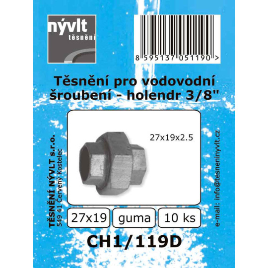 těsnění holendru vodovod.3/8" 27x19mm gum. CH1/119D (10ks)