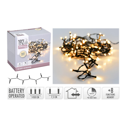 osvětlení vánoční 15m 192LED teplá BÍ, 8 funkcí, ZE, IP44